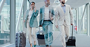 Airport group, suitcase and walking business people travel to destination, seminar or airplane transport. Phone call