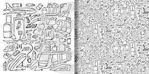 Airport hand drawn doodle set and seamless pattern