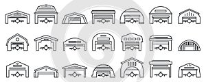 Airport hangar icons set, outline style