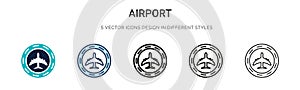 Airport icon in filled, thin line, outline and stroke style. Vector illustration of two colored and black airport vector icons