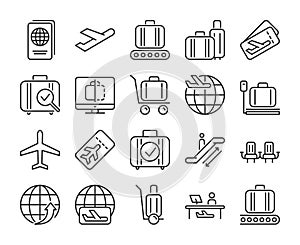 Airport icons. Airport and Air Travel line icon set. Vector illustration. Editable stroke.