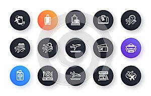 Airport icons set. Baggage claim, Boarding pass, Arrival and Departure. Vector