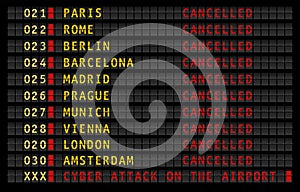 Airport information display with cyber attack warning message, cancelled and delayed flights, vector illustration