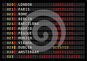 Airport information display with security checkpoints closed message, cancelled and delayed flights, vector illustration