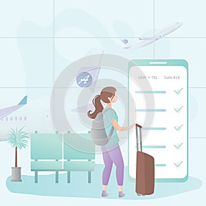 Airport interior with furniture and girl traveller character,travel background concept