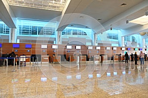 Airport interior hall with reflection on floor