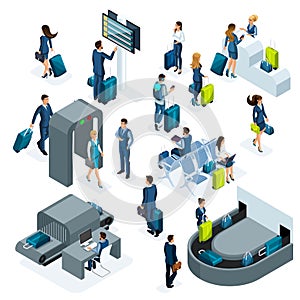 Airport isometric icons set of reception and passport check desk, waiting room, transit area, passengers are waiting for boarding