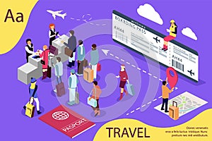 Airport isometric travel concept with reception and passport check desk, waiting hall, control. Illustration for web page, banner,