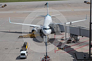 Airport jet parking at gate ready for check-in