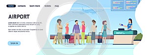 Airport landing page. Passenger terminal queue departure arrival gate, airlines check boarding. Online registration