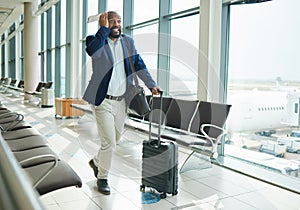 Airport, late and running black man for business flight, plane journey and travel terminal. Businessman, hurry and rush