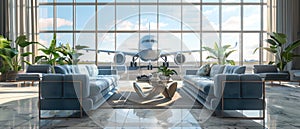 airport lounge with airplanes on the background. by AI generated image