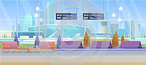 Airport lounge vector illustration, cartoon flat modern inside interior view of empty waiting airline departure hall