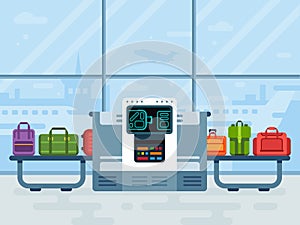 Airport luggage scanner. Police secure belt scanners scan airline passengers baggage, passenger checkpoint vector