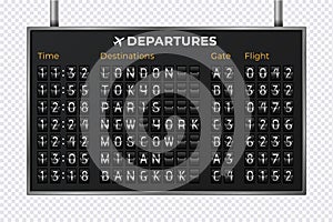 Airport mechanical scoreboard. Realistic equipment board message departures and arrivals flight. Flipping departure countdown.