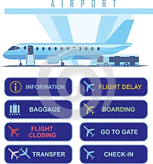 Jet plane boarding time and aiport navigational signs photo