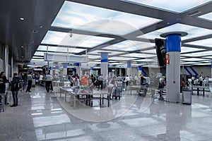 Airport, palma, mallorca, spain, 2019 april 14: security check at the airport of palma, mallorca