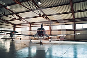 Airport parking building with two light aircrafts