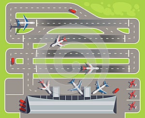 Airport with passenger terminal, airplanes, helicopters top view vector illustration