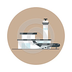 Airport plane control tower travel transport terminal tourism or business block and flat style icon