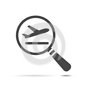 airport plane departure icon with magnifying glass on white background, search air flight sign flat