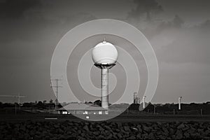 Airport radar tower in black and white