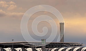 Airport roof and air traffic control tower in the airport. Airport traffic control tower for control airspace by radar. Aviation photo