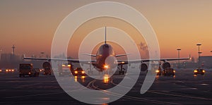Airport runway scene with an airliner, vehicles, and infrastructure under vibrant hues of sunset. Sunset silhouette of airplane on