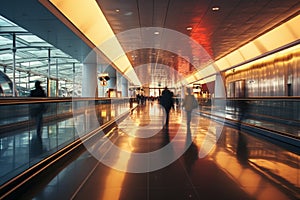 Airport rush Blurry figures glide on two moving walkways with straight perspectives