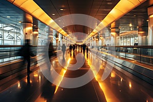 Airport rush Blurry figures glide on two moving walkways with straight perspectives