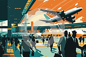 Airport Rush Dynamic Illustration of Planes Taking Off and Landing at a Busy Airport Terminal