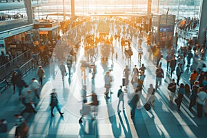 Airport Rush , photo of the crowd inside a very busy airport, Motion Blurred