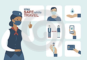 Airport safety guidance for travel by air during pandemic. Icon set for coronavirus COVID-19 outbreak. Stewardess character