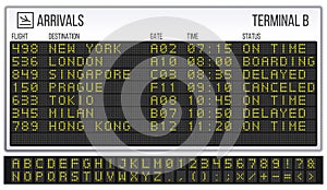 Airport scoreboard. Digital LED board font, arrivals and departures signs realistic vector illustration