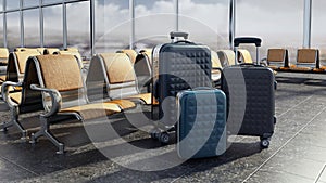 Airport seats in the waiting lounge of an airport. 3D illustration