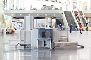 Airport security check point with metal detector