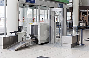 Airport security check point with metal detector