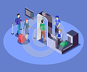 Airport security checkpoint isometric color vector illustration