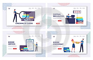 Airport Security Landing Page Template Set. Tiny Customs Officer Fill Customs Declaration and Confiscate Illegal Things