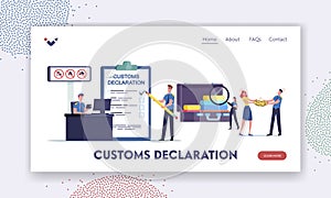 Airport Security Landing Page Template. Tiny Customs Officers Filling Customs Declaration and Check Passenger Baggage