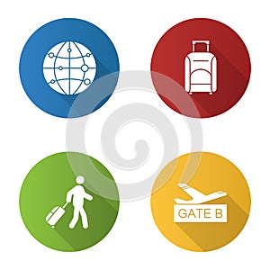 Airport service flat design long shadow glyph icons set