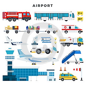 Airport, set of icons. Airport building, control tower, aircraft, vehicles of the airport ground services, etc. Vector