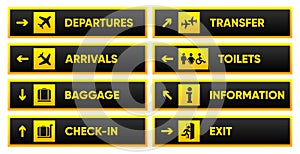 Airport sign departure arrival travel icon. Airport board airline sign, gate flight information. Various signs for