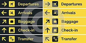 Airport sign departure arrival travel icon. Vector airport board airline sign, gate flight information