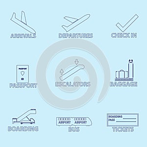 Airport signs for planes outline icons set eps10