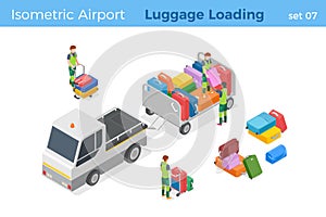 Airport Staff  Loading Luggage to Trailer Utility Transport isometric vector illustration