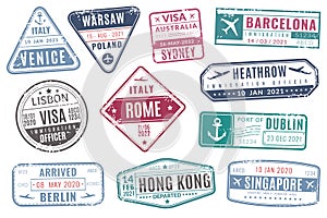Airport stamps. Vintage travel passport visa immigration arrived stamp with grunge texture. Isolated vector set photo