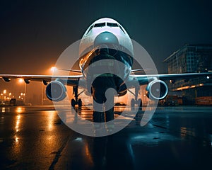 Airport technician standing in front of the plane. Aircraft on the runway on rainy night. Low angle view. Generative AI