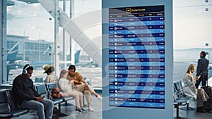 Airport Terminal: Arrival, Departure Information Display Showing all the Useful Flight Data For Tr