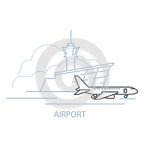 Airport terminal building and airplane on landing strip, icon of airport